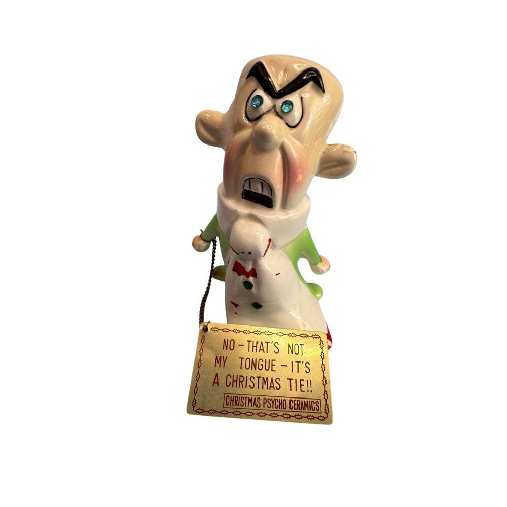 Rare Kreiss Psycho Ceramics Xmas Figurine w/ Sign Christmas Tie 1960s Japan 5"